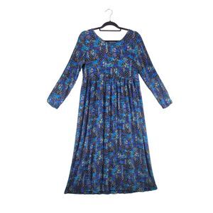 M Vintage Cobalt Gold Crinkle Rayon Abstract Long Sleeve Maxi Dress Molly Malloy